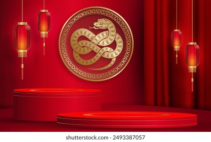 3d Podium square stage for happy Chinese new year 2025 Snake Zodiac sign, on color background (Chinese Translation: happy new year 2025, year of Snake)
