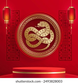 3d Podio cuadrado escenario para feliz año nuevo chino 2025 Serpiente Signo del zodíaco, sobre fondo de color (Traducción al chino: feliz año nuevo 2025, año de la serpiente)