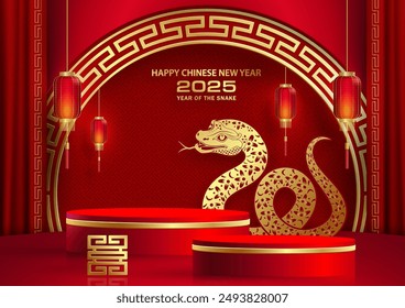 3d Podio cuadrado escenario para feliz año nuevo chino 2025 Serpiente Signo del zodíaco, sobre fondo de color (Traducción al chino: feliz año nuevo 2025, año de la serpiente)