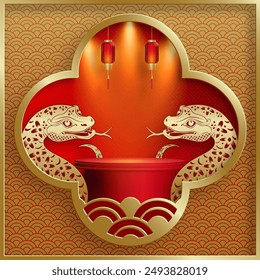3d Podium square stage for happy Chinese new year 2025 Snake Zodiac sign, on color background (Chinese Translation: happy new year 2025, year of Snake)