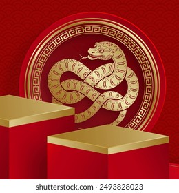 3d Podium square stage for happy Chinese new year 2025 Snake Zodiac sign, on color background (Chinese Translation: happy new year 2025, year of Snake)