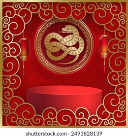 3d Podium square stage for happy Chinese new year 2025 Snake Zodiac sign, on color background (Chinese Translation: happy new year 2025, year of Snake)