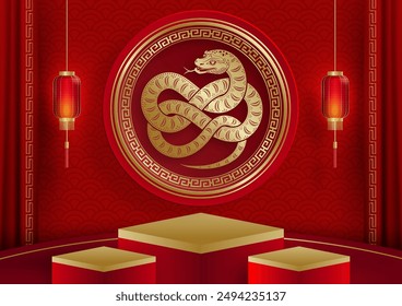 3d Podio cuadrado escenario para feliz año nuevo chino 2025 Serpiente Signo del zodíaco, sobre fondo de color (Traducción al chino: feliz año nuevo 2025, año de la serpiente)