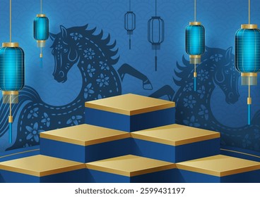 3d Podium square stage for happy Chinese new year 2026 Horse Zodiac sign, on color background (Chinese Translation: happy new year 2026, year of Horse)