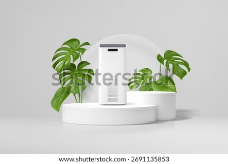 3D podium stage with air purifier and green leaves on pedestal platform, vector product display. Air purifier showcase platform with tropical plant leaves for home appliance display background