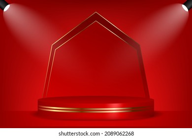 3d podium stage background on red