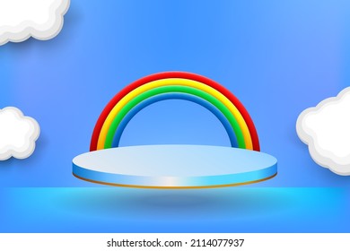 3d podium stage with cloud and rainbow on blue