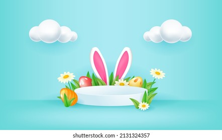 3D podium stage Easter display background vector illustration. Rabbit ears and Easter eggs in daisy meadow