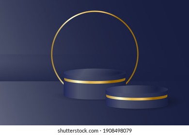 3d podium stage with gold ring isoated on bue background. Modern reaistic podium. Ilustrator vector podium.