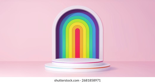 Estágio do pódio 3d com arco-íris. Vetor realista rodada pedestal ou plataforma em um fundo de parede rosa suave com arco colorido. Exibição interior de estúdio para apresentação e celebração do produto
