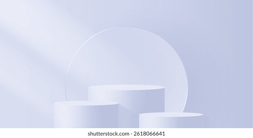 3d podium stage with transparent circle behind, abstract colored studio with window light overlay. Realistic podium for product showcase display, vector illustration.