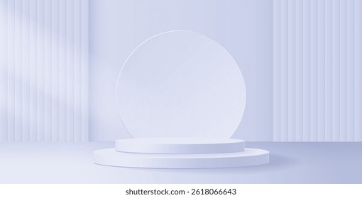 3d podium stage with transparent circle behind, abstract colored studio with tile wall and window light overlay effect. Realistic podium for product showcase display, vector illustration.