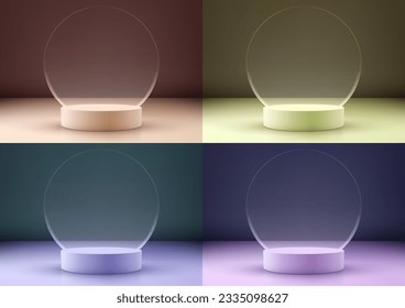 3D podium stand with a circle transparent glass backdrop is a versatile and stylish way to display your products. It is perfect for a showroom, showcase, or even your own home. Vector illustration