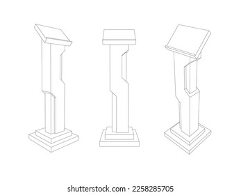 3d podium standing display product digital futuristic style for event exhibition. Vector isolated background sketch outline drawing coloring editable.