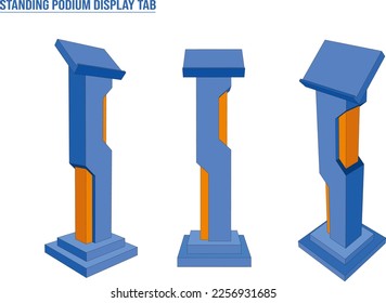 3d podium standing display tab digital futuristic blue orange color style for event exhibition. Vector isolated background editable.