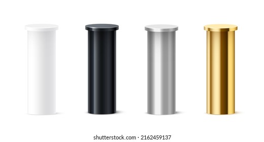3d podium stands set for product display vector illustration. Realistic cylinder platform pedestal for awards, golden, steel metal or silver and black pillars and columns isolated on white background