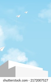 3d Podium Step With White Paper Plane Flying To Blue Sky With Cloud Background,Vector Banner With Stage Showcase Or Stairway Mockup, Minimal Backdrop Financial Leadership Concept For Business Start Up