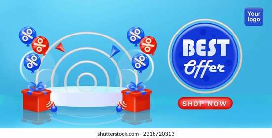 3d podium studio offers. Best offer, realistic sale podium design with discound balloon, gift box and red ball elements on ring background. Perfect for birthday, celebration and anniversary themes