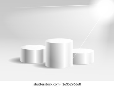 3d podium or studio pedestal round platform showroom illustration. White cylinder template.