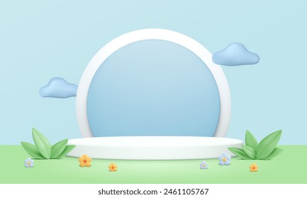 3d podium with summer background. Blue round shape, white show pedestal, green leaves and plasticine flowers on lawn. Vector promotional illustration, cartoon advertising banner, presentation concept.