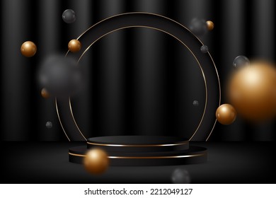 3d podium template, the stage for the showcase. Black and Golden realistic cylinder pedestal podium in luxury style. The scene for product display. 3d background vector illustration.