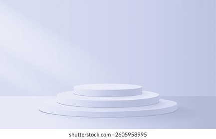 3d podium three levels with natural window light overlay. Abstract studio room with white floor and wall, blank 3d pedestal mockup for showcase cosmetic product or for award ceremony. Vector podium.