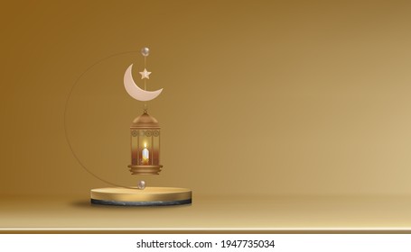 3D Podium with traditional Islamic lantern, Candle, Pink gold Crescent moon and Star hanging on golden wall background, Horizontal Islamic Banner for Product Showcase,Product presentation Ramadan Sale