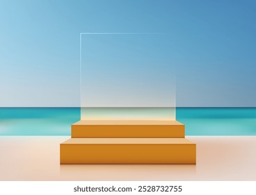 3D podium with two steps on a sandy beach under a clear blue sky and sea is ideal for showcasing products or cosmetics. Perfect for mockups, product displays, or branding in a tropical