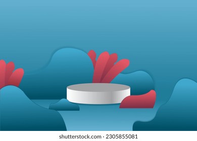 3D Podium. Underwater scene background with coral in paper cut style. Blank podium, designed for product presentation, mock up, show product, stage pedestal or platform. 3D Vector illustration