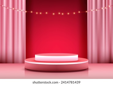 3D podium Valentine's Day festive products in soft pink hues curtain with light bulb. Ideal for showcasing, cosmetics, jewelry. Vector illustration