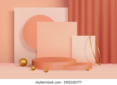 3 quinquies podio. Ilustración 3d del fondo vectorial para el producto. Y burlarse de una plataforma moderna de renderización realista con una cortina y bolas doradas.