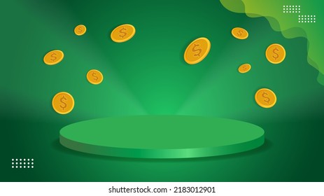 3D podium vector for product display and coins with green gradation background, happy shopping, Store advertisement presentation on social media for product promotion, shopping place, can be used for 