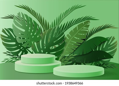 3d podium vector with tropical leaf green background.