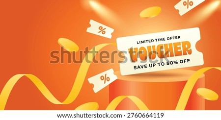 3d podium with voucher design. Orange coupon with golden money flying and ribbon.