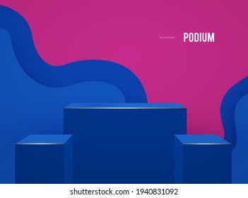 3D-Podium mit Wellenhintergrund. Realistische minimale leere Szene. Schaukasten und Regal. Trendleere Bühne