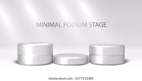 3D podium with white metallic shine and round product on window light background. In minimalist design. Studio showcase for cosmetic products, fashion stage for mockup display.