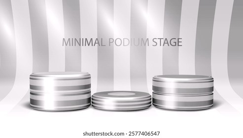 3D podium with white metallic shine and round product on window light background. In minimalist design. Studio showcase for cosmetic products, fashion stage for mockup display.