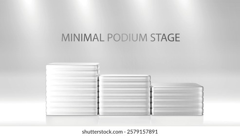3D podium with white metallic shine and square product on window light background. In minimalist design. Studio showcase for cosmetic products, fashion stage for layout display.