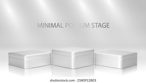 3D podium with white metallic shine and square product on window light background. In minimalist design. Studio showcase for cosmetic products, fashion stage for layout display.