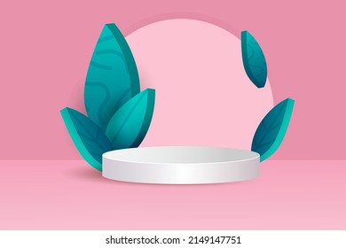 3D Podium. White pedestal in pink room, showcase for products presentation and advertising. Empty round platform on pastel background with leaves, minimal modern eco design. Vector natural backdrop
