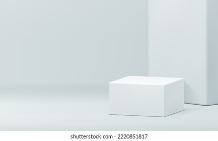 3d podium white rectangular box decorative wall premium studio background realistic vector illustration. Geometric pedestal architecture foundation basic platform minimalist display showcase