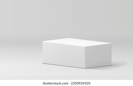 3d podium white rectangular platform mock up for cosmetic product show presentation realistic vector illustration. Neutral rectangle pedestal isometric stand for commercial promo at studio background