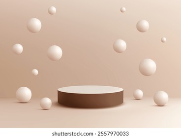 3D podium with a white top and brown base on a light brown background, surrounded by floating white spheres. Minimalist product mockups, showroom displays, and artistic showcases