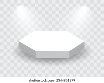 3D podium. White podium. Vector geometric forms. Abstract minimal wall scene for mockup products display. hexagonal podium