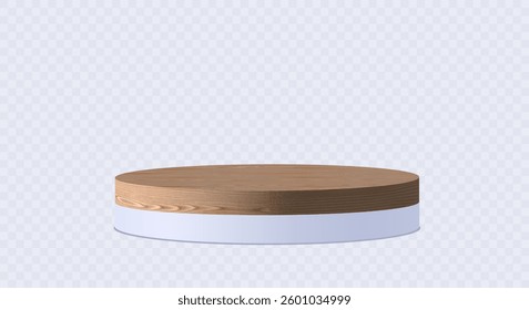 3d podium with wood top isolated on transparent background. Realistic 3d stage in empty room for show product. Studio showcase podium mockup, abstract room or gallery, vector illustration png.