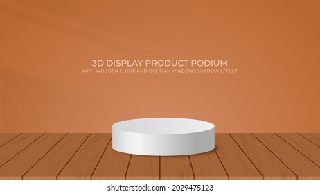 3D Podium in Wooden Floor and Wall Background with Windows Shadow Overlay Effect, Suitable for Display Product Cosmetic, Beauty, Fashion, Etc