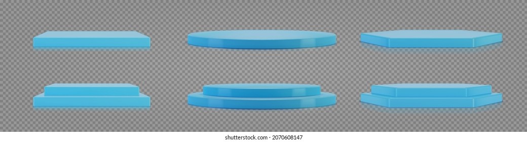 3D podiums set on transparent background. Empty blue plinth for product presentation. Realistic vector platform with free space. Minimalistic mockup design. Template of pedestal