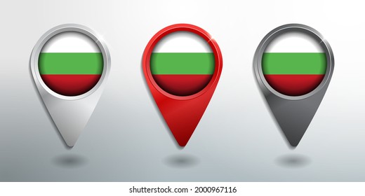 3D Pointer, Tag and Location Marker with Round Flag Nation of Bulgaria White, Red and Grey Glossy Model