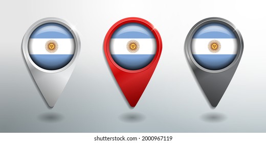 3D Pointer, Tag and Location Marker with Round Flag Nation of Argentina White, Red and Grey Glossy Model