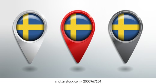 3D Pointer, Tag and Location Marker with Round Flag Nation of Sweden White, Red and Grey Glossy Model